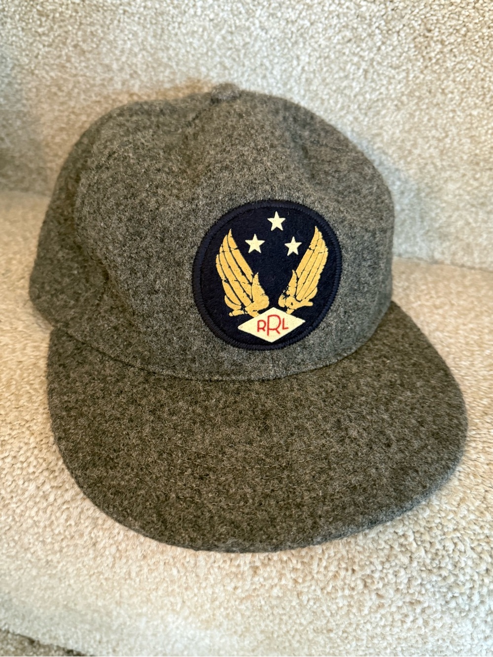 RRL Ralph Lauren Wool Gray Adjustable Baseball Cap Military Inspired Flight Patc